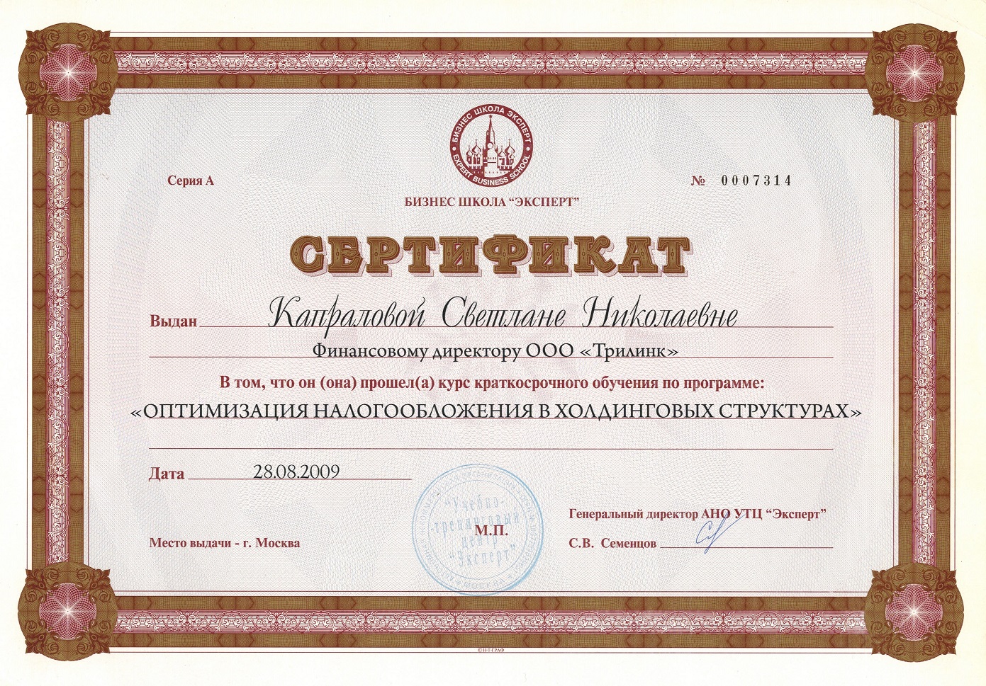 Сертификат Оптимизация налогов 2009